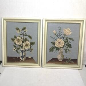 Vintage 70s Framed Floral Needlepoint Set Pair Cream  Blue Wall Art
